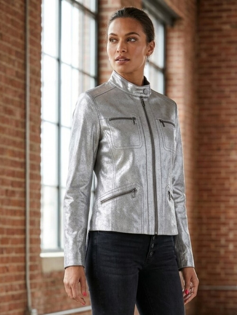Metallic Silver Leather Moto Jacket